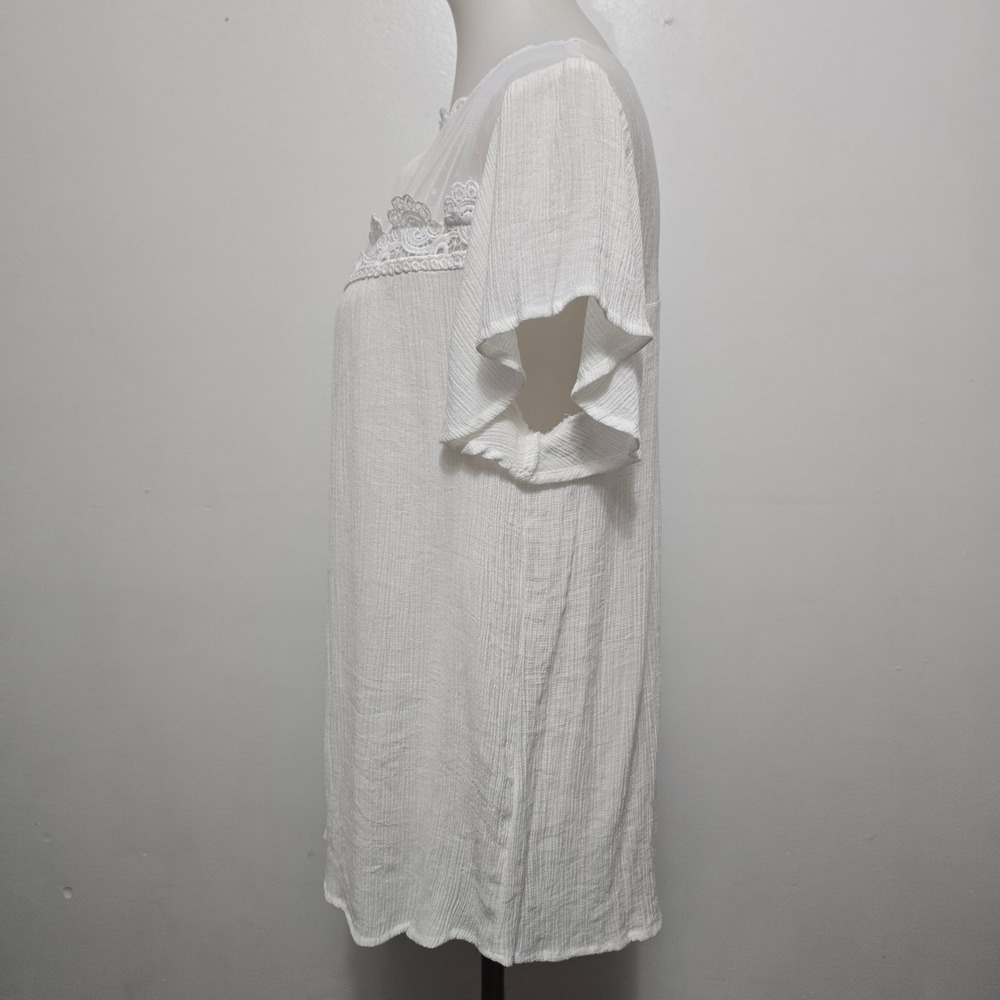 Perch by Blu Pepper White Lace Inset Gauze Short Sleeve Blouse 1X Boho Neutral - Picture 3 of 8